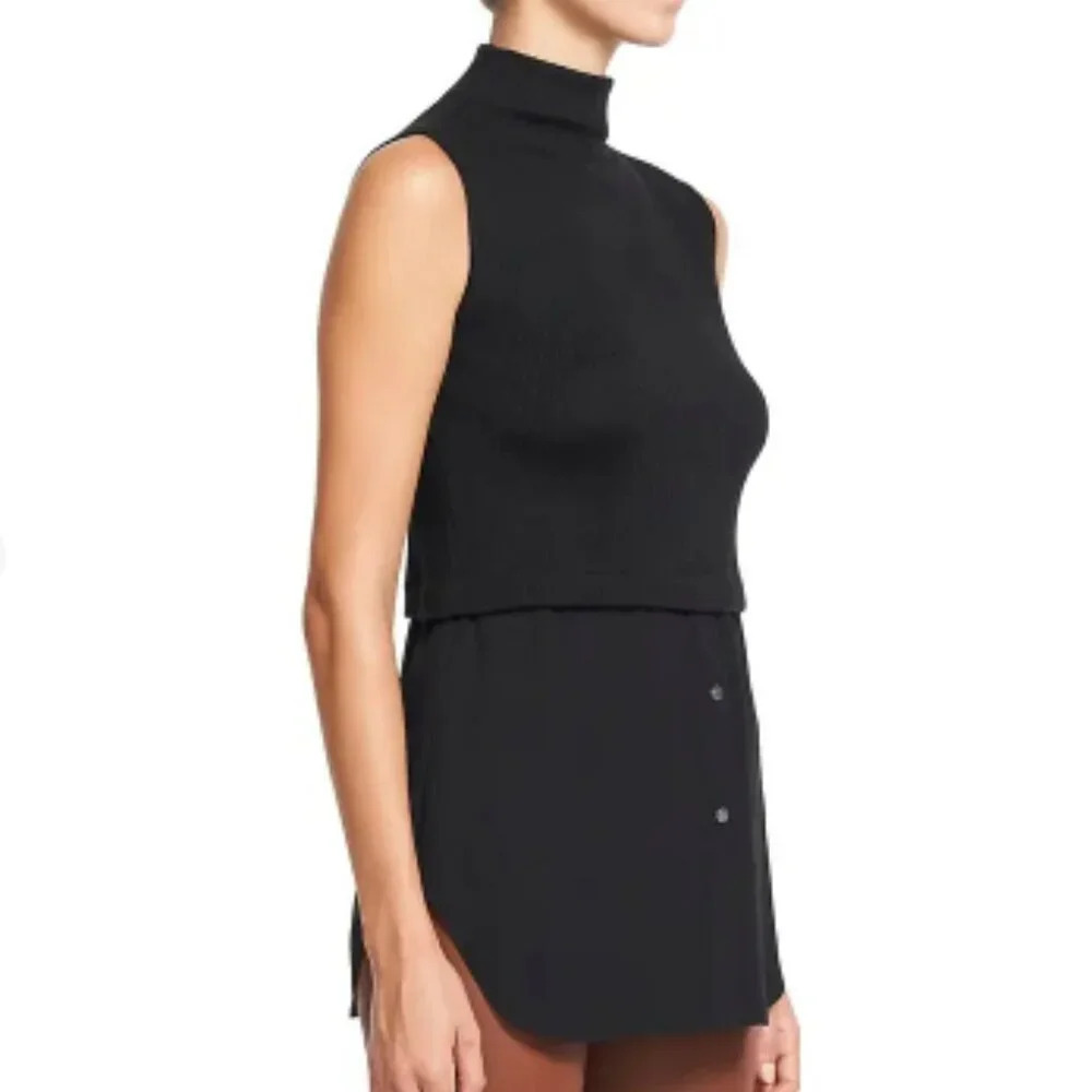 Theory Black Wool Silk Blend Office Siren Rib Knit Combo Tunic Sweater Size S